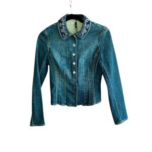 T Tahari Beaded Velvet Collar Stretch Denim Fitted Jacket Size Small Petite
